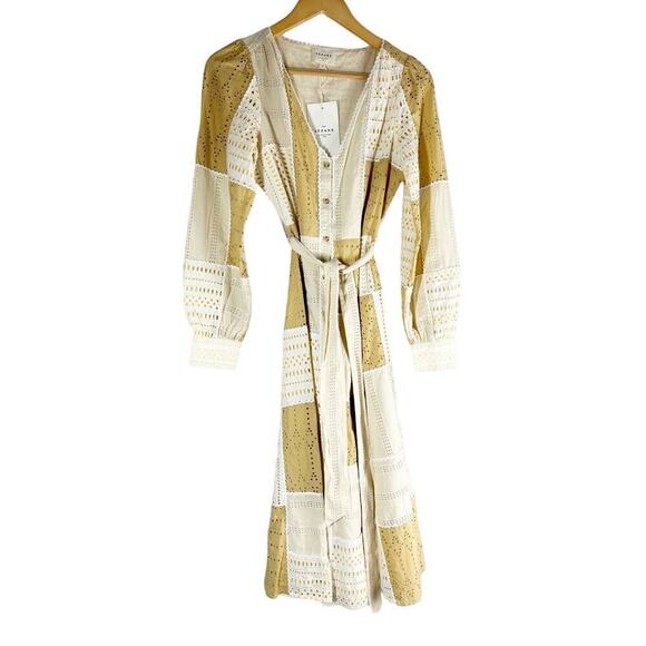 Sezane Matissa Patchwork Embroidery Midi Dress Size US 4 Beige - Picture 1 of 11